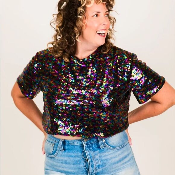Fringe & Co NWT Rainbow Sequin Crop Top XXXL - Picture 1 of 10
